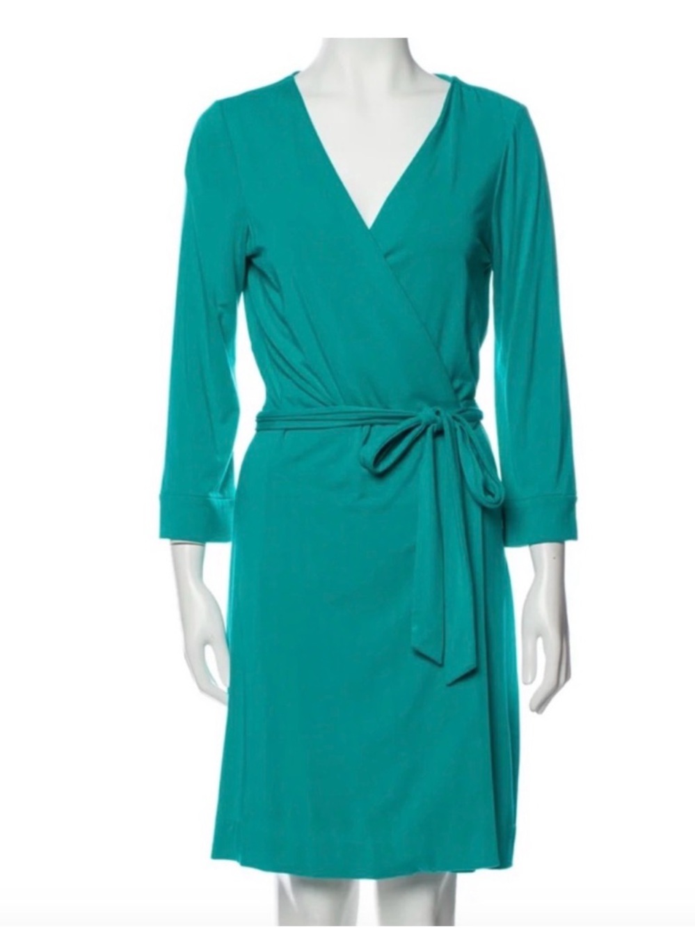 Diane Von Furstenberg Teal Wrap Mini Dress for wedding guest business casual - Picture 2 of 3